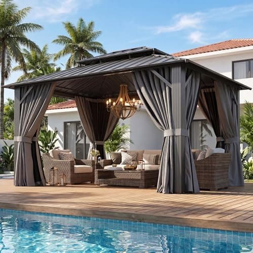 Aoxun 10x12 Gazebo Hardtop Gazebo with Double Galvanized Steel Roof Outdoor Pavilion with Breathable Netting and Privacy Curtain…