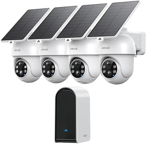 ANSQUE Security Cameras Wireless Outdoor Home System, 4 Camera Kit, No Subscription Fees, Solar Powered, Local Storage, 365-Day…