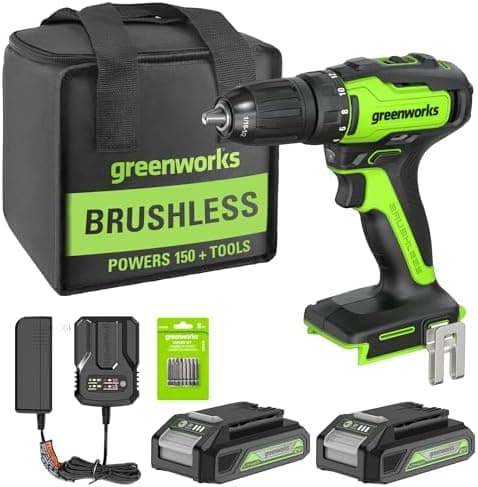Greenworks 24V Brushless Cordless Drill Kit, 310 in./lbs, 18+1 Position Clutch, 1/2 '' Keyless Chuck, Variable Speed, (2)2Ah…
