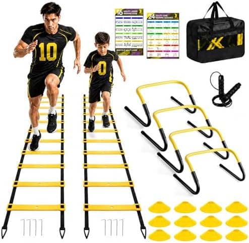 BORNEW 2 Pack Agility Ladder, Soccer Speed Training Equipment Set with Total 26 ft Agility Ladder, 12 Cones, 4 Adjustable…