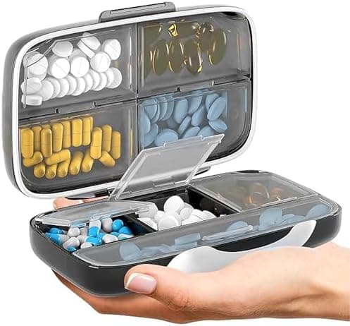 Travel Pill Organizer - Airtight Medicine Case for Traveling Portable Pharmacy Box with Labels Vitamin…