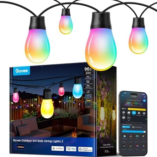 Govee S14 Bulb Outdoor String Lights 2, 96ft Smart RGBIC Warm White Lights with 30 LED Bulbs(2 Ropes of 48ft), 111 Scene Modes…