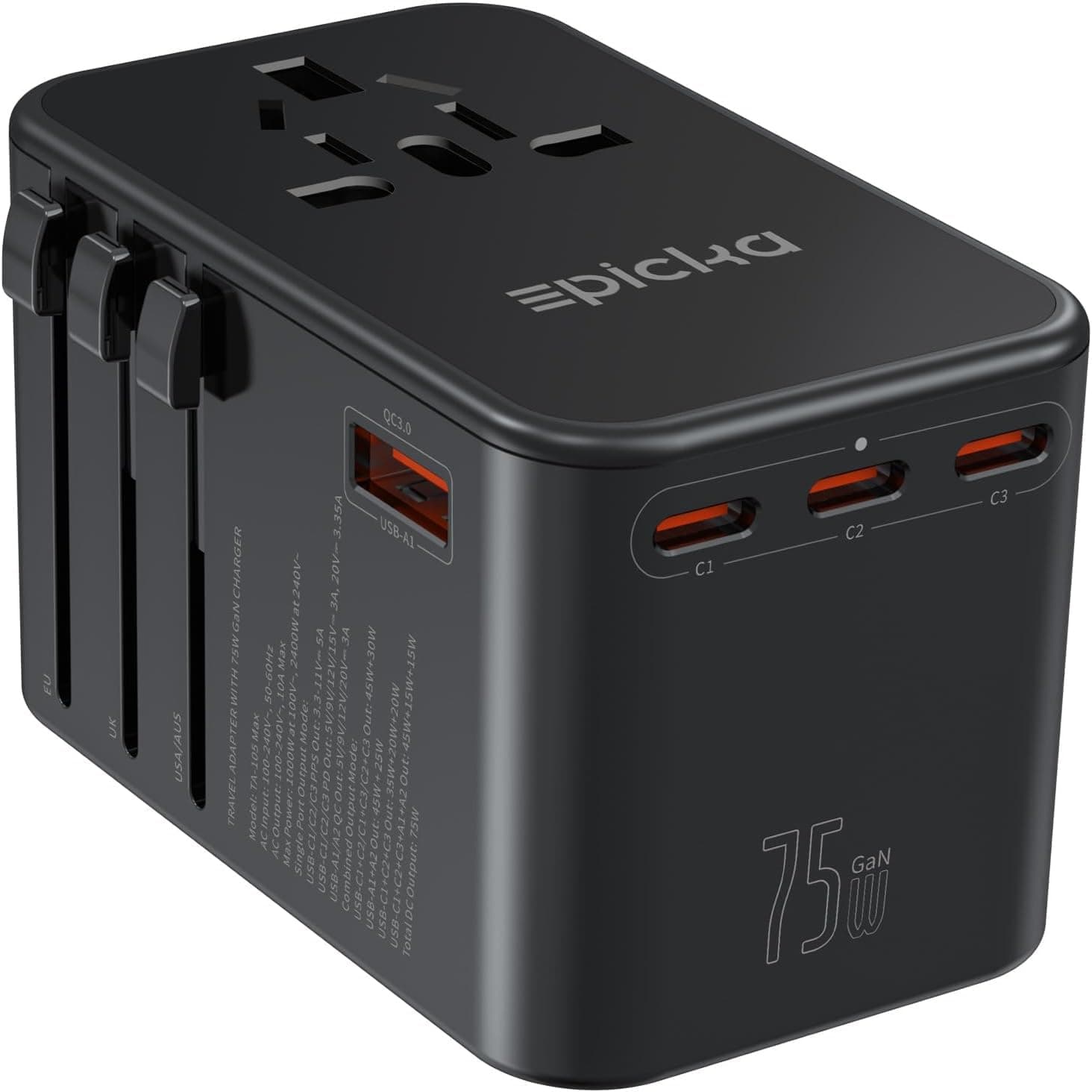 EPICKA Universal Travel Adapter, GaN 75W International Plug Adapter with 3 USB-C PD Fast Charging & 2 USB-A Quick Charging…