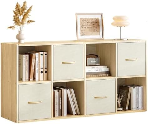 EXPERLAM 8 Cube Storage Organizer - Solid Wood Bookshelf with 4 Storage Bins, Cube Shelf with 2…