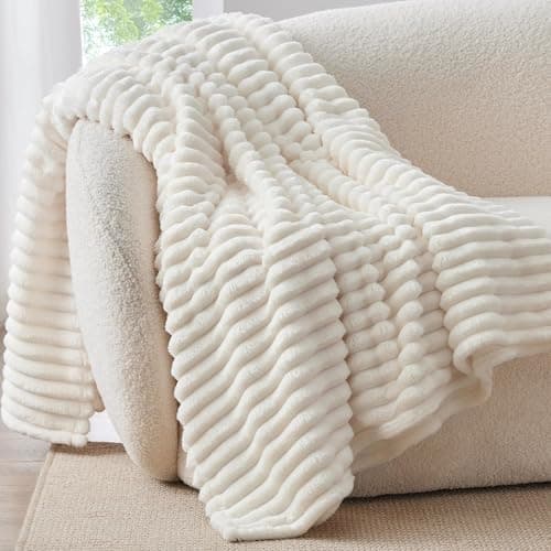 BEDELITE Fleece Throw Blanket for Couch - 300GSM Soft & Warm Fluffy Cream White Blanket, Decorative and Giftable Striped Blankets…