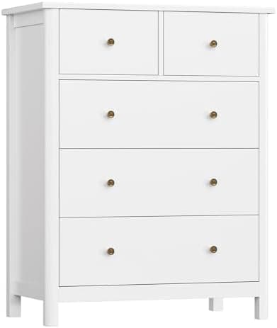 HOUSUIT White Dresser with 5 Drawers, Tall Chest of Drawers, 5 Drawer Dresser with Deep Space, Wood Storage Cabinet for Living…