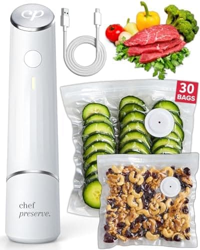 Chef Preserve Compact Vacuum Sealer for Food (Vacuum Sealer Machine + 30 Reusable Vacuum Bags) Powerful Handheld Vacuum Sealer…