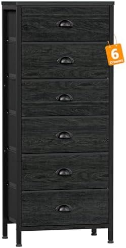 Furnulem Tall Dresser with 6 Drawers,Vertical Bedside End Table & Chest for Bedroom,Black Storage Tower Dorm…