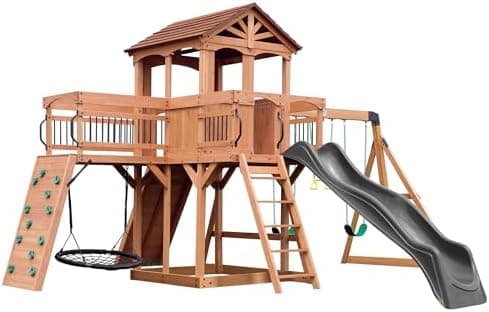 Backyard Discovery Sterling Point Cedar Wood Swing Set with Wave Slide, Raised Clubhouse, Wooden Bridge, Rock…