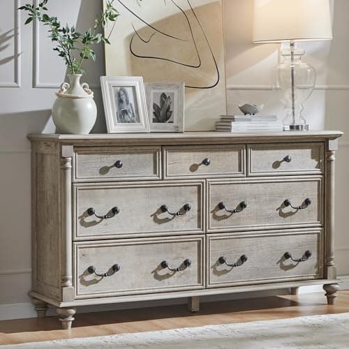 T4TREAM Farmhouse 7 Drawers Dresser Chests for Bedroom w/ 4 Column Solid Wood Feet, Tall Wide Wood Country…