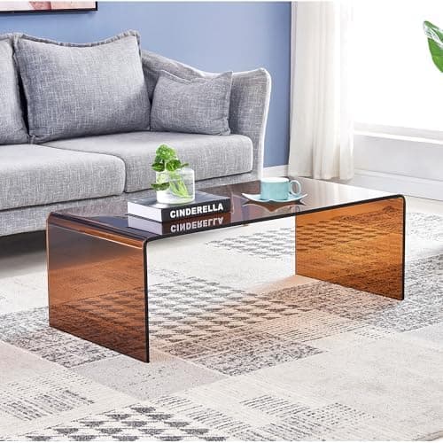 Glass Coffee Table, Modern Amber Coffee Tables for Living Room, Small Rectangle Tempered Glass Waterfall Sofa…