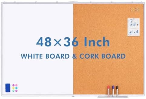 Magnetic White Board and Cork Board Combo, 48 X 36 inches Whiteboard Bulletin Combination Board, Wall Mounted…
