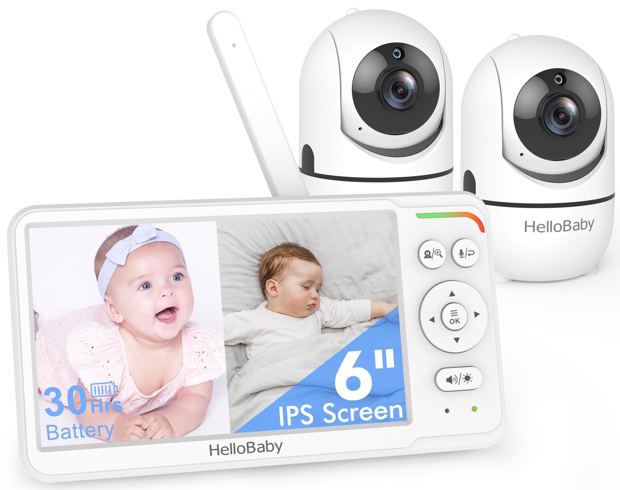 HelloBaby Baby Monitor with 2 Cameras, World First 6" IPS Split Screen, Double Cameras No WiFi, 30H Battery…