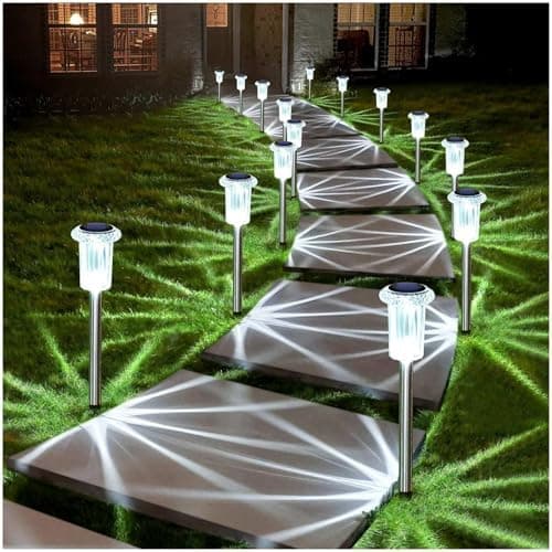 DenicMic Solar Lights Outdoor 10 Pack Waterproof 6000K Cold White LED Stainless Steel Stake Outside Lights for Yard Pathway…