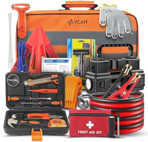 Car Emergency Kit with Portable Air Compressor, First Aid Kit, Jumper Cables, Roadside Safety Emergency Tool…