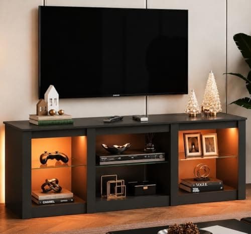 WLIVE Modern LED TV Stand for 65 70 Inch TV, 58" Entertainment Center with Adjustable Glass Shelves & RGB…