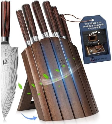 SYOKAMI 2026 Upgrade Knife Set 7 Piece Japanese Style Kitchen Knife Set With Foldable Magnetic Acacia Wood…