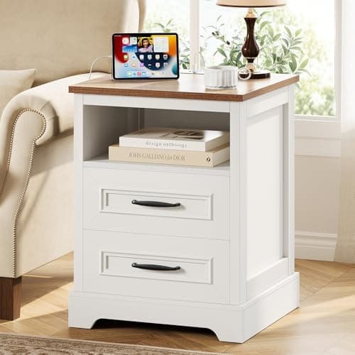 Farmhouse Nightstand with Charging Station, Wood Night Stand with Drawers, Bedside Table, Nightstands with…