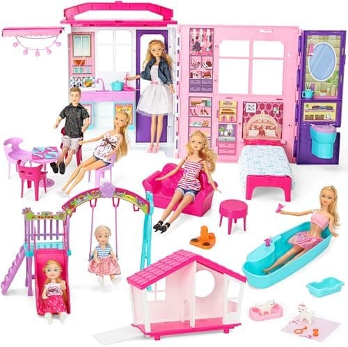 Style Shine Doll House Portable & Foldable Dollhouse w/ 60+ Pcs & 2 Dolls, Play House Toy with Bedroom…