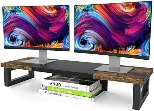 WESTREE Dual Monitor Stand Riser, Wood and Steel Multi-Purpose Desktop Storage Stand for 2 Monitors for…