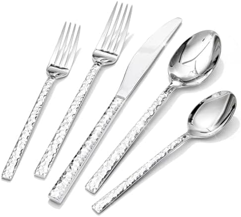 KINGSTONE 40 Piece Hammered Silverware Set, 18/10 Stainless Steel Flatware Set for 8, Cutlery Set for Home…