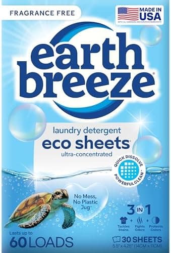 Earth Breeze Laundry Detergent Sheets Fragrance-Free - 60 Loads Eco Liquidless Soap - Travel-Friendly for Hot…
