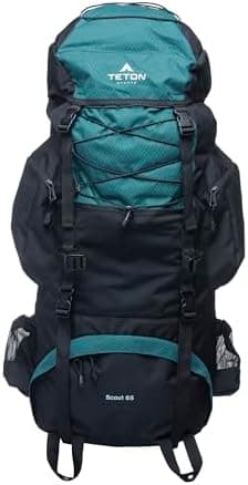 Teton 65L Scout Internal Frame Backpack for Hiking, Camping, Backpacking, Travel, Rain Cover Included, Pacific