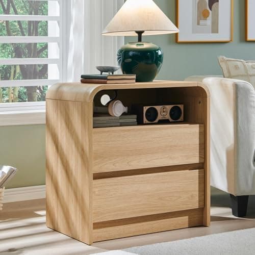 Aitjunz 25" Tall Modern Nightstand with Charging Station, 23.6'' Wide Wood Bedside Table w/2 Storage Drawers, Large Mid Century…