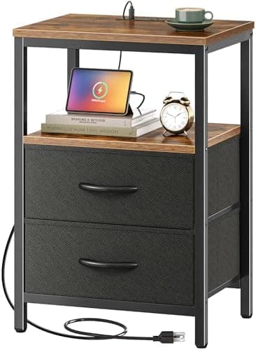 Huuger Nightstand with Charging Station, Side Table with Fabric Drawers, End Table with Open Shelf, Bedside…