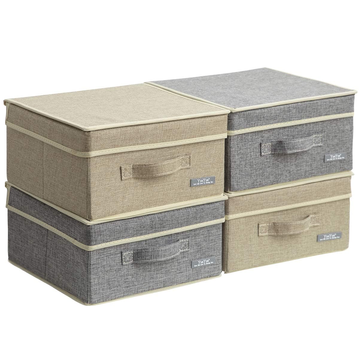 YueYue 4 Pack Small Fabric Storage Box with Lids, Foldable Linen Storage Box with Lids 4 Pieces Gray&Linen…