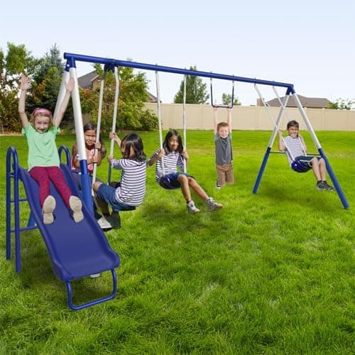 Sportspower Arcadia Metal Swing Set for Kids – Trapeze, 2-Person Glider, 5ft Slide, Anchor Kit, 6.1' Durable…