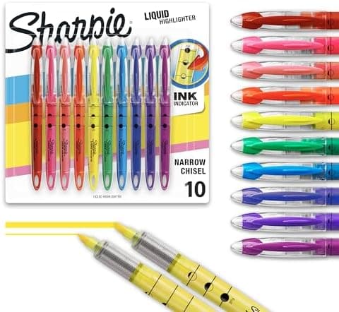 Sharpie Liquid Highlighters, Chisel Tip, Assorted Colors, 10 Count - Journaling, School, Study Supplies