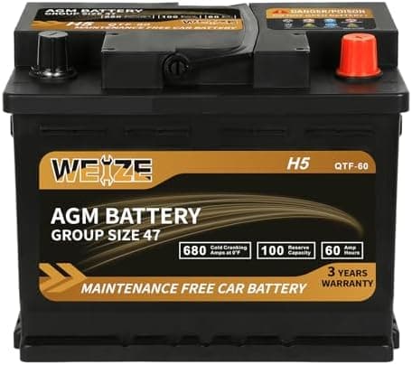 Weize Platinum AGM Battery BCI Group 47-12v 60ah H5 Size 47 Automotive Battery, 100RC, 680CCA, 36 Months…