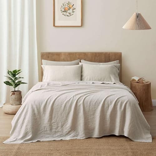 ATLINIA 100% Pure Flax Linen Bedding Set - Stone Washed French Linen Fabric Deep Pocket Fitted Sheet…