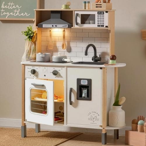 Tiny Land Play Kitchen for Kids, Wooden Kids Play Kitchen Playset Chef Pretend Play Set for Toddlers with…