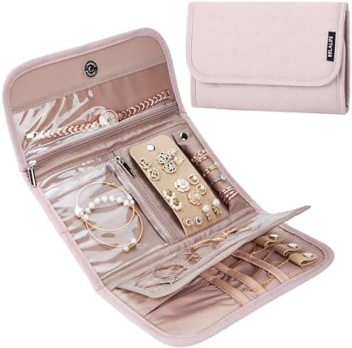 BELALIFE BELALIFE Travel Jewelry Case Organizer, Medium Foldable Storage Roll for Earrings, Necklaces, Rings…