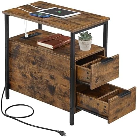 VASAGLE Side End Table with Charging Station, Slim Nightstand with 2 Drawers, Narrow Bedside Table for Living Room, Small Spaces…