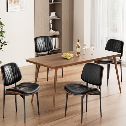 REONEY Dining Chairs Set of 4, Mid-Century Modern Upholstered PU Leather Chairs with Walnut Bentwood Back and…