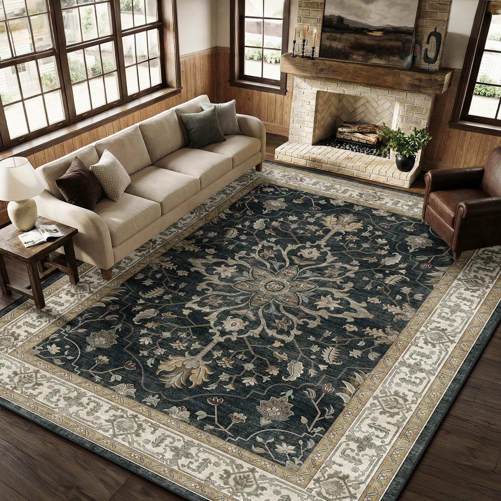 RELEANY Area Rugs 8'x10' Washable Non-Slip, Floral Vintage Distress Print Pattern Medallion Carpet for Living…