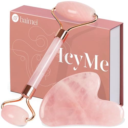 BAIMEI IcyMe Rose Quartz Roller & Gua Sha Set, Cooling Face Roller for Depuffing & Lymphatic Massage…