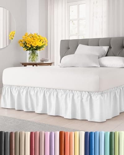 Wrap Around Dust Ruffle Bed Skirt - White - for Queen Size Beds with 18 Inch Drop - Easy Fit Elastic Strap…