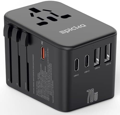 EPICKA Universal Travel Adapter, GaN International Plug Adapter with 3 USB-C 70W PD Fast Charging & 2 USB-A…