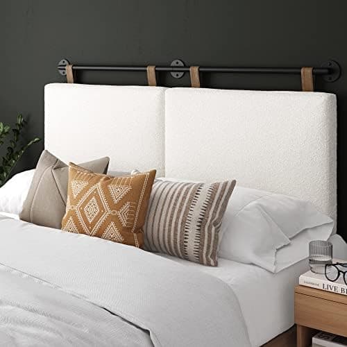 Nathan James Charlie Wall Mount Hanging Upholstered Headboard, Queen, White Boucle with Brown Faux Leather…