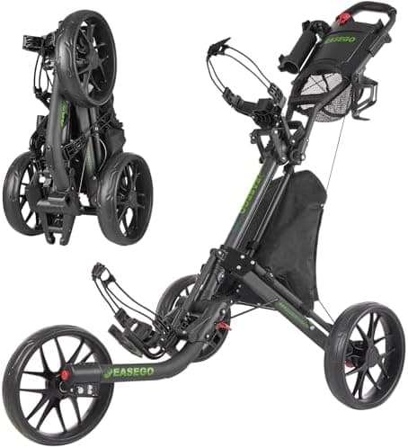 EASEGO Golf Push Cart 3 Wheel : Golf Bag Cart Foldable with Phone Holder/Cup/Umbrella Holder Compact Golf…
