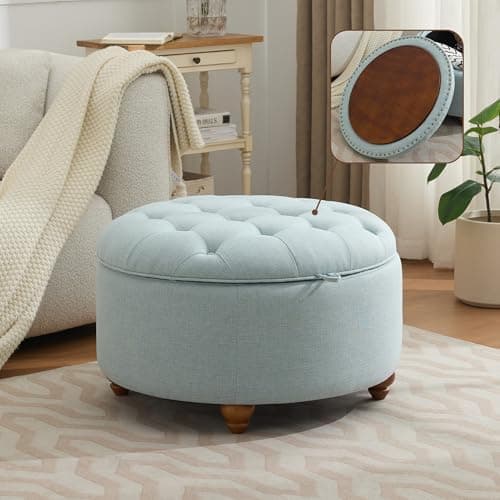 WUTUTUEE 30Inch Round Storage Ottoman with Tray, Modern Tufted Fabric Circle Coffee Table with Storage…