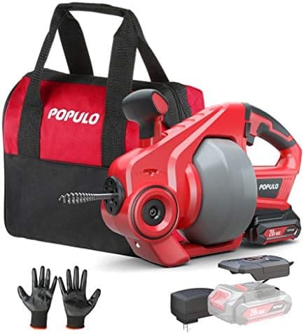 POPULO 20V Cordless Electric Drain Auger-Efficient 25Ft Auto-Feed Drain Snake with Replaceable Cable,2.0Ah…