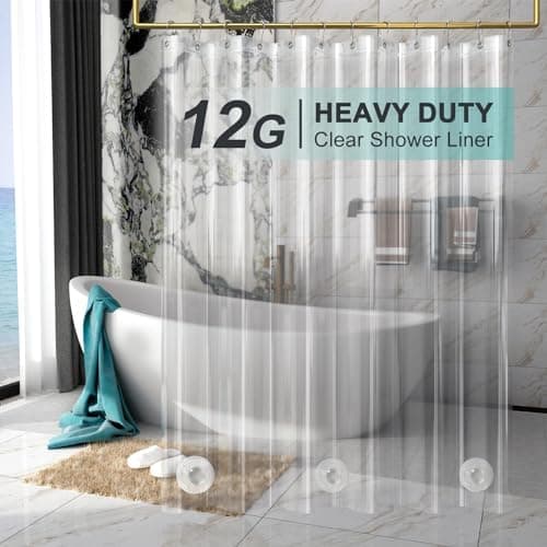 AmazerBath Heavy Duty Shower Curtain Liner 12 Gauge, 72 x 72 Inches Clear Shower Curtain Liner with 3 Clear…
