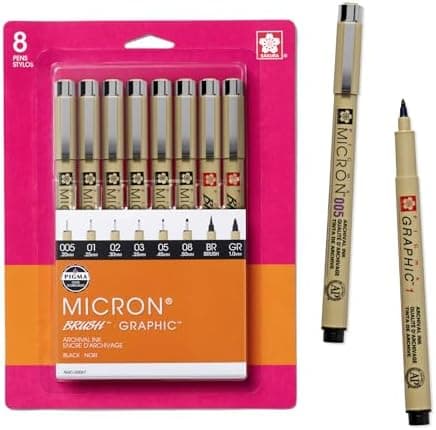 Sakura Pigma Micron, Graphic & Brush Fineline Pens, Archival Black Ink, 8 PK 30067