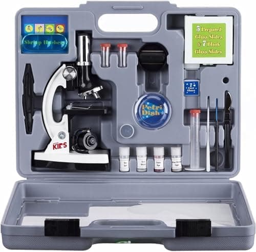 AmScope 120X-1200X 52-pcs Beginner Microscope STEM Kit with Metal Body Microscope, Plastic Slides, LED Light…