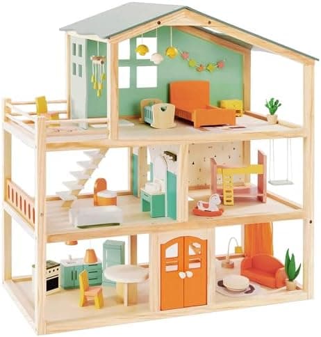 Giant bean Large Wooden Dollhouse with 32 Pcs Furniture Accessories, 3-Story Doll House 5 Rooms Balcony…